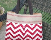 Lipstick Red and Cream Chevron Zig Zag Pleated Handbag Purse Tote Bag with Jute Webbing