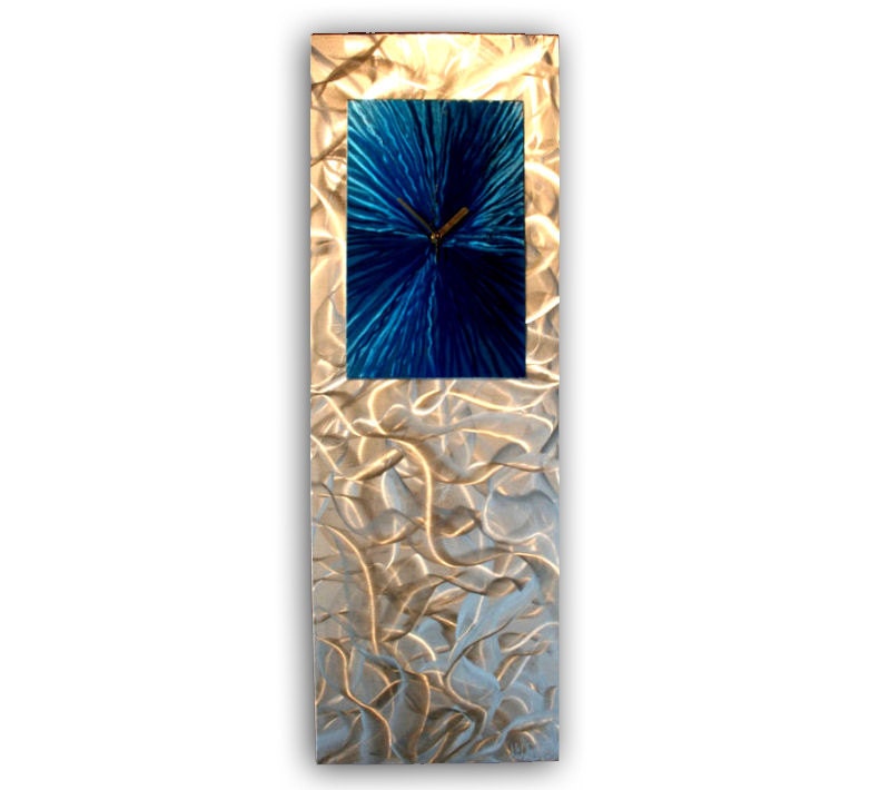 Abstract Blue Metal Wall Clock 'Blue Luminosity' - 24x12 in. - Metal Contemporary Wall Artwork  - Large Modern Art Wall Decor Clocks