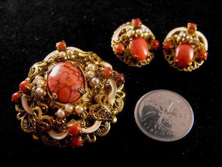 Superb Baroque Coral Rhinestone Set Brooch Earrings Demi Parure Sale 50.00