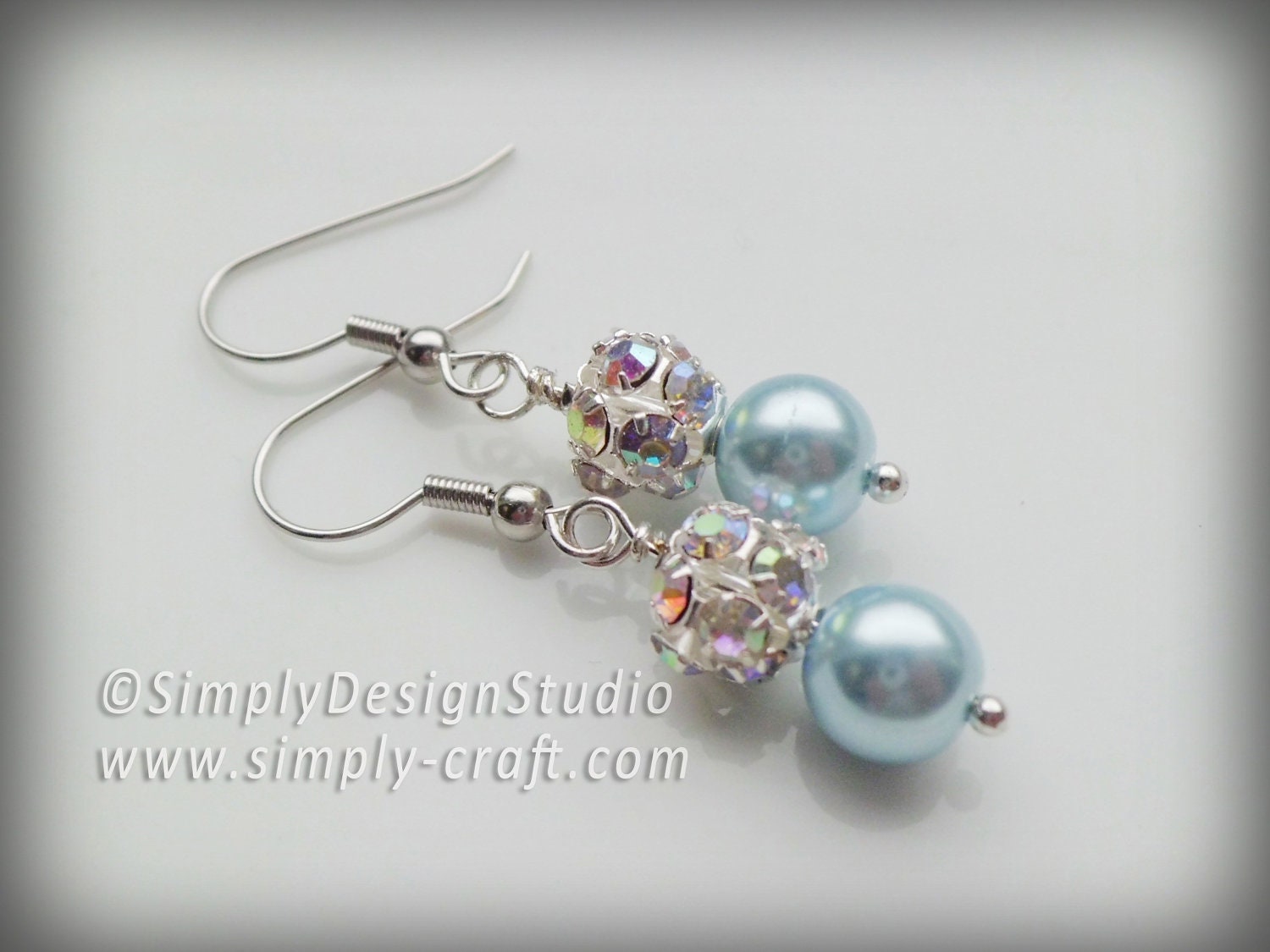 Baby Blue Pearl and Crystal Rhinestones Ball Silver Drop Earrings, Bridal Party, Bridesmaid Gift, Wedding Jewelry E009