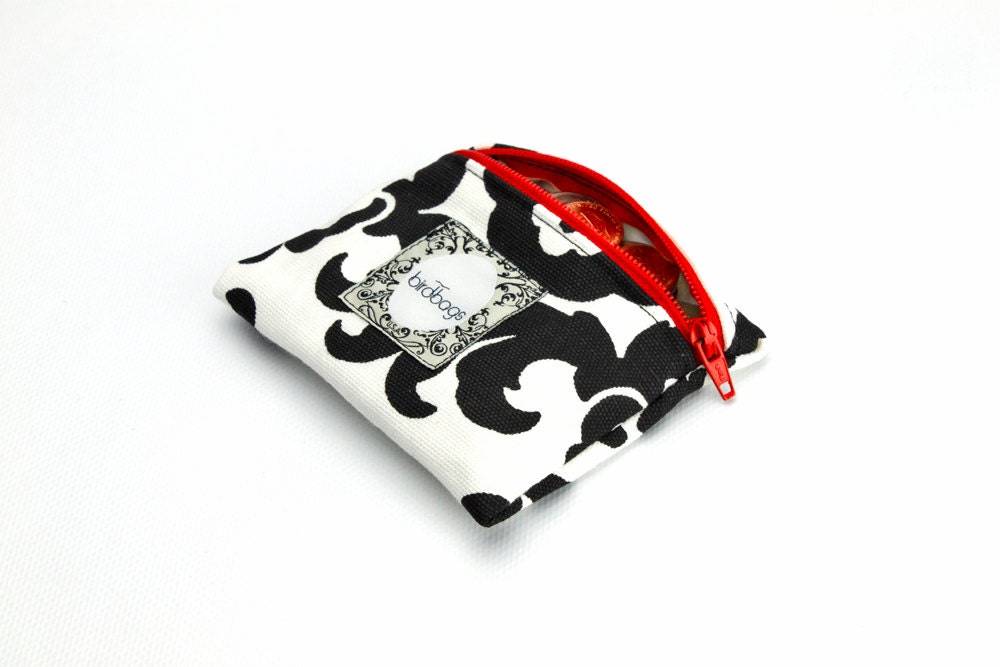 Coin Purse - Black and White with Red Zipper - Birdbags "Hummingbird"