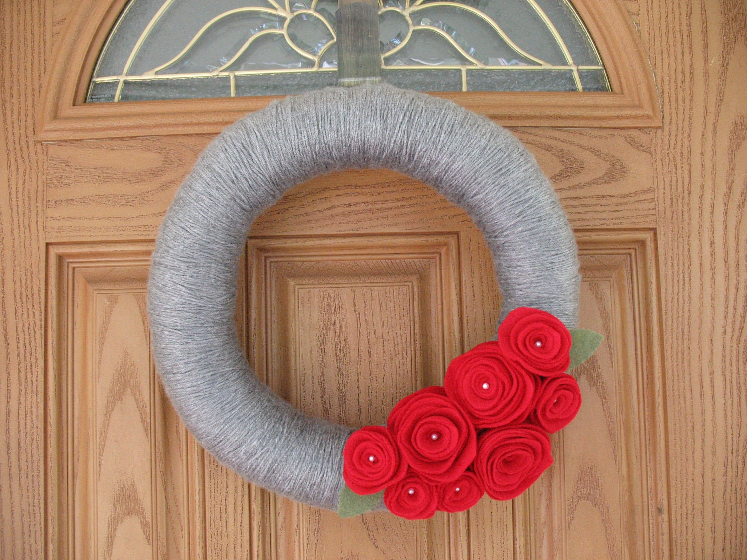 Elegant Red Rose Wreath--Valentines Day Wreath-Holiday Decor-Christmas Wreath- 14 inch Grey Yarn and Red Felt Pearl Rose Wreath