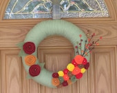 Autumn Meadow Wreath- Fall Wreath--Fall Decor-Autumn Decor-Thanksgiving Wreath-- Green Yarn and Felt Flower Pearl Wreath