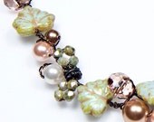 Green Peach Beaded Necklace, Leaf Necklace, Nature Jewelry, Floral Jewelry