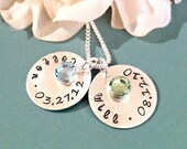 Hand Stamped Mommy Necklace - Personalized Jewelry - Two Discs with Names, Birthdates & Birthstone Pendants