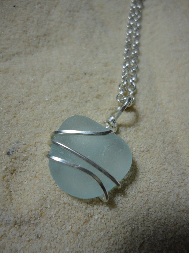 Wire wrapped pale blue sea glass necklace