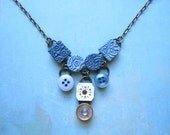 Mixed media stamped polymer clay necklace with upcycled elements - Denim Blues