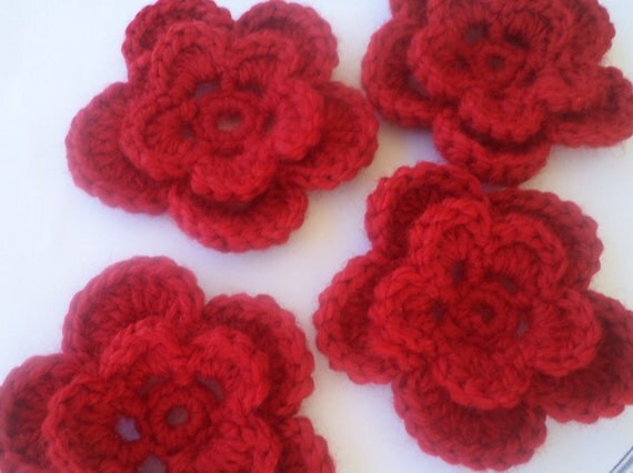 Crochet Flower Red, handmade flower, Set of 4, handmade flower,