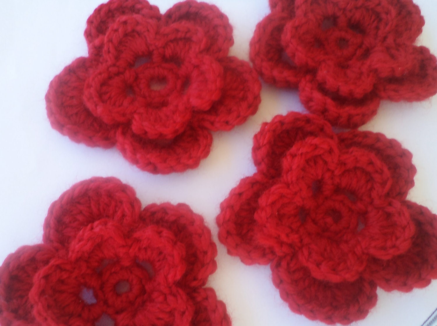 Crochet Flower Red, handmade flower, Set of 4, handmade flower,