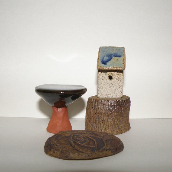 Birdhouse - Tree Stump - Bird Bath - Stepping Stone - Fairy Garden Accessories - Ceramic - Blue - Brown