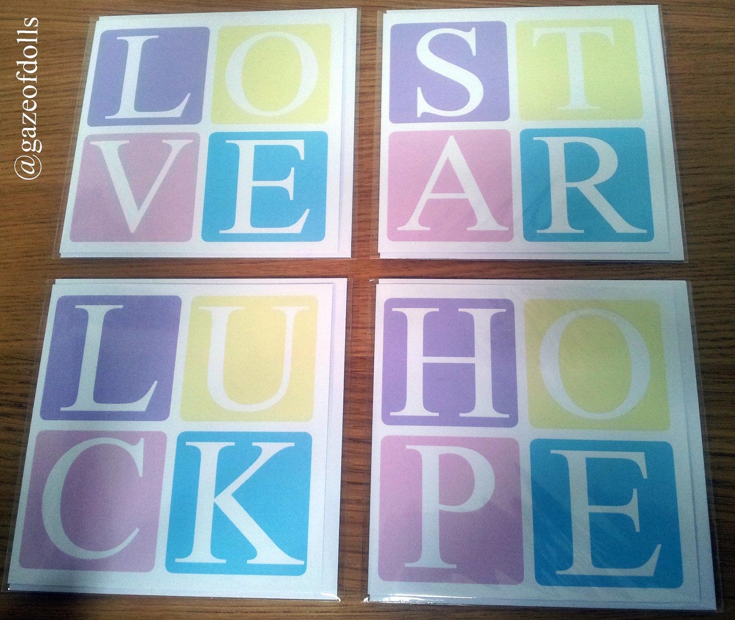 Pastel Wishes (Love, Hope, Star, Luck) Blank Cards and New Baby Cards - Welsh & English (12.5cm square)