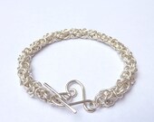 Delicate Silver Bracelet with Hand Forged Heart Clasp-- Chainmaille Byzantine Weave -- Gifts for Her