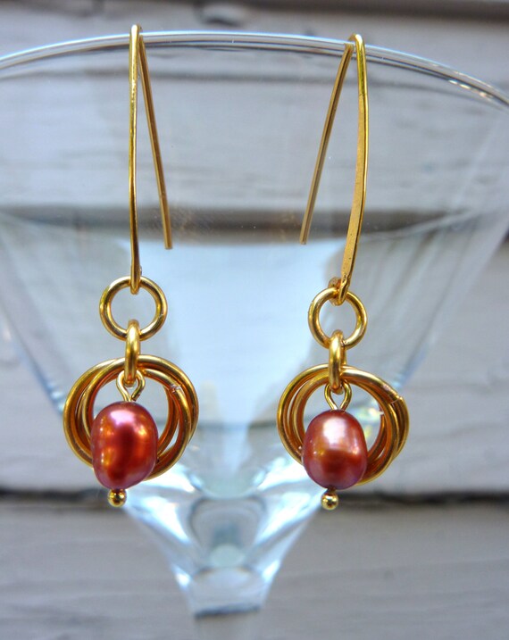 Gold Hammered Dangly Earrings with Orange Magenta Iridescent Pearls