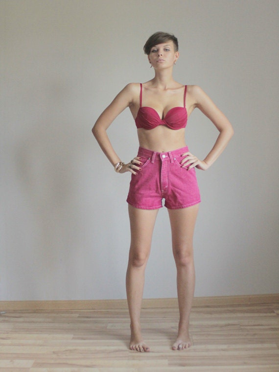 Hot pink high waist denim shorts
