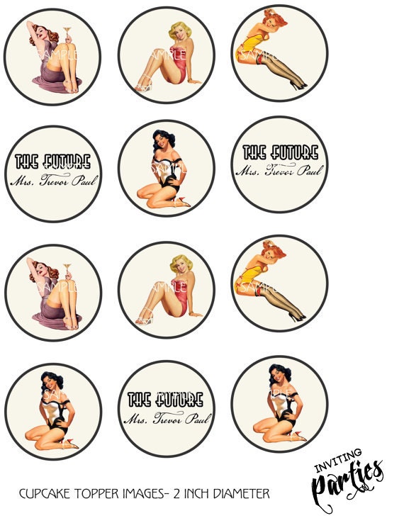 Pin Up Girl cupcake toppers- Bachelorette party, Hens night, Lingerie Shower, Birthday invite diy print file PRINT YOUR OWN
