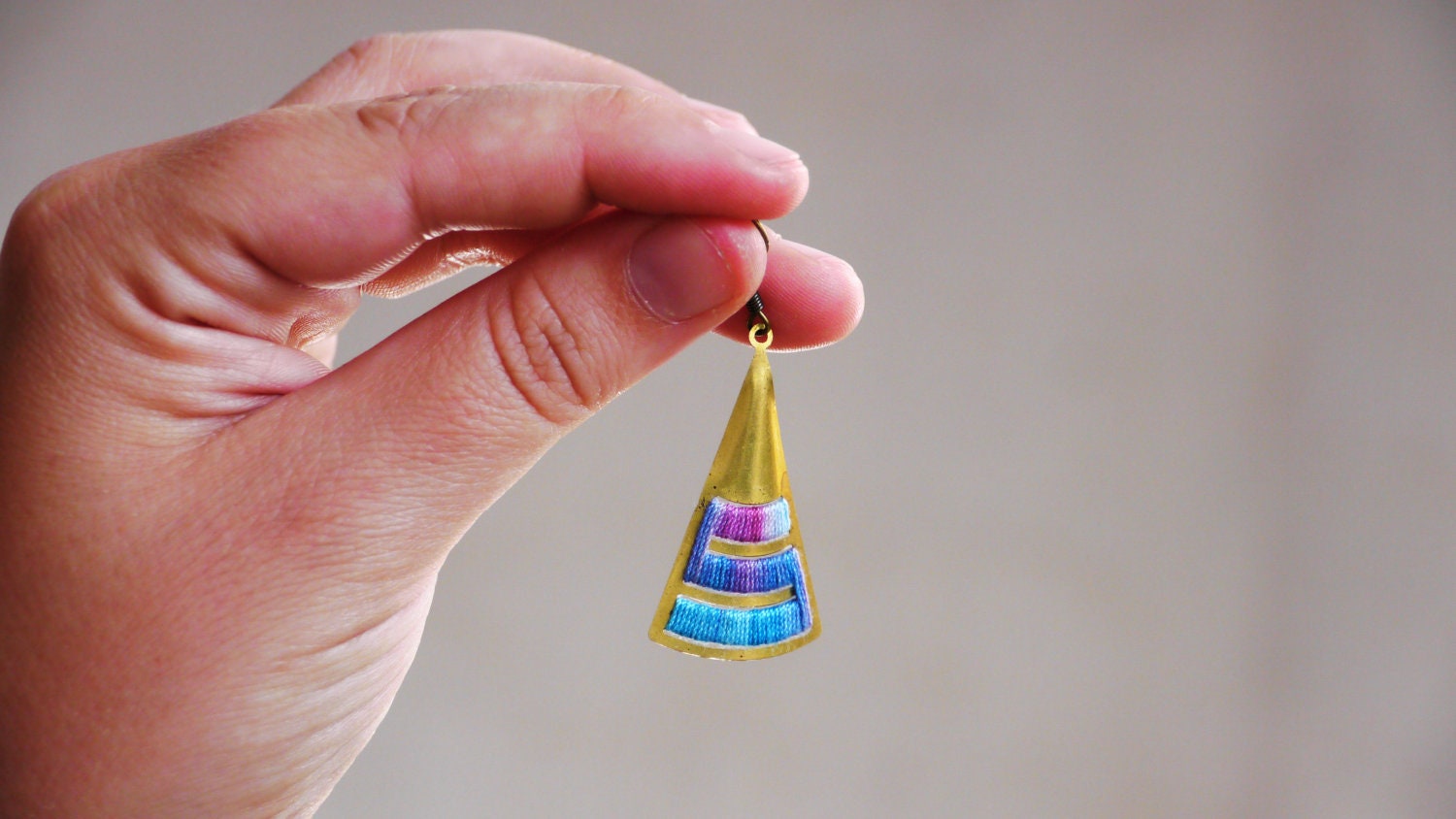 Triangular Earrings - brass and cotton thread