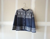 vintage 70s sweater, fair isle sweater, blue cardigan,  snowflake sweater - size medium