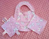 4pc Baby feeding set, bib, 2-washcloths and crinkle ribbon toy...purple and pink butterflies, New