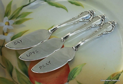 3 VINTAGE Silverplate Spreaders, SILVER FASHION 1957, Silverware Butter or Cheese Spreaders, Hand Stamped with Eat, Pray, Love - Lovely Gift