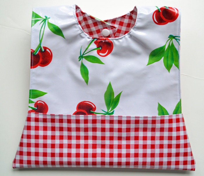 Wipeable Pocket Bib - Red Oil Cloth Cherries