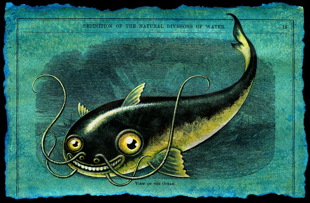 Namazu- signed archival print, grinning catfish, tsunami monster, Japanese, yokai, green, curious art