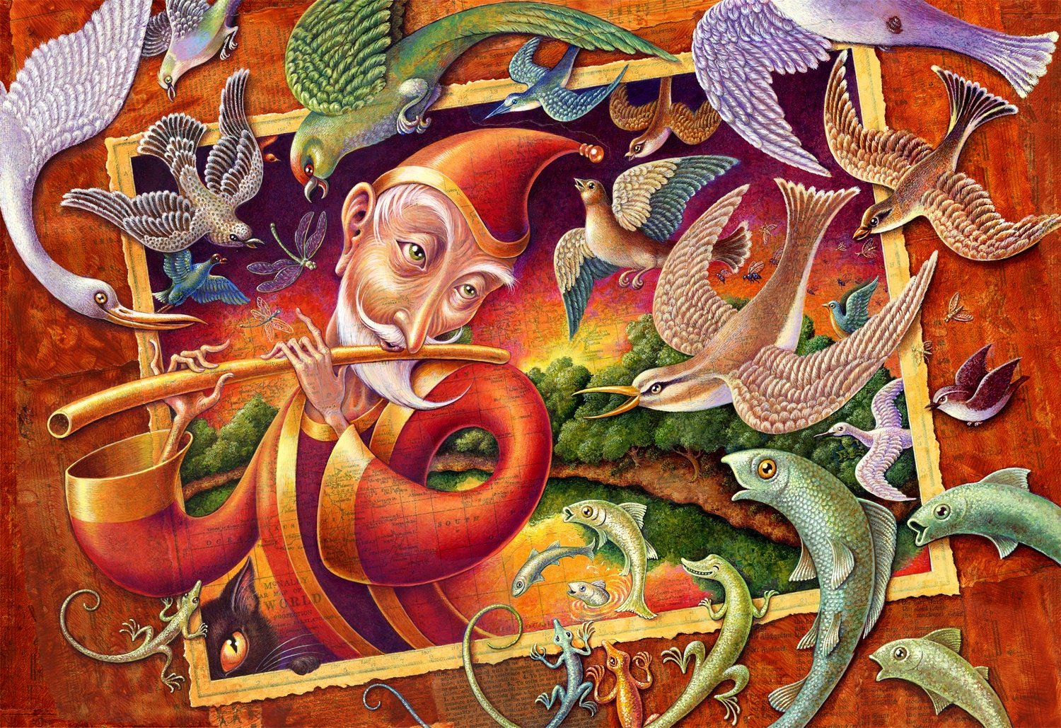 Magic Flute Larger-- signed archival art print of old man with magic flute, birds, lizards, fish, illustration, Curious Art