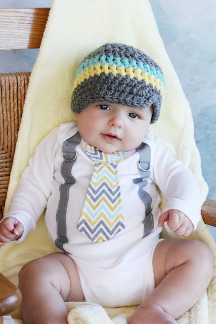 GET THE SET - Baby Boy Tie Onesie or Shirt with Suspenders and matching hat  - Chevron Polka Dot