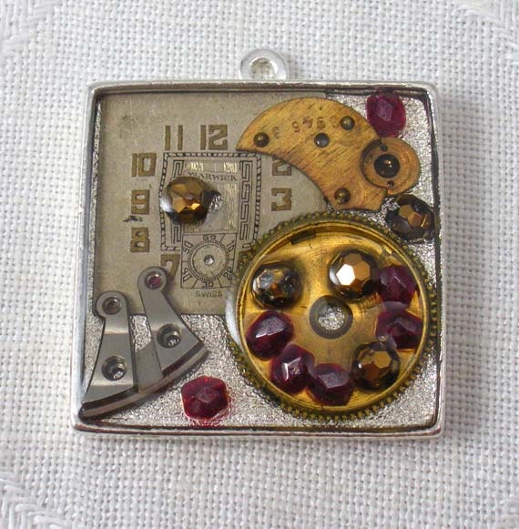 Resin collage pendant, elegant, fun, steampunk style