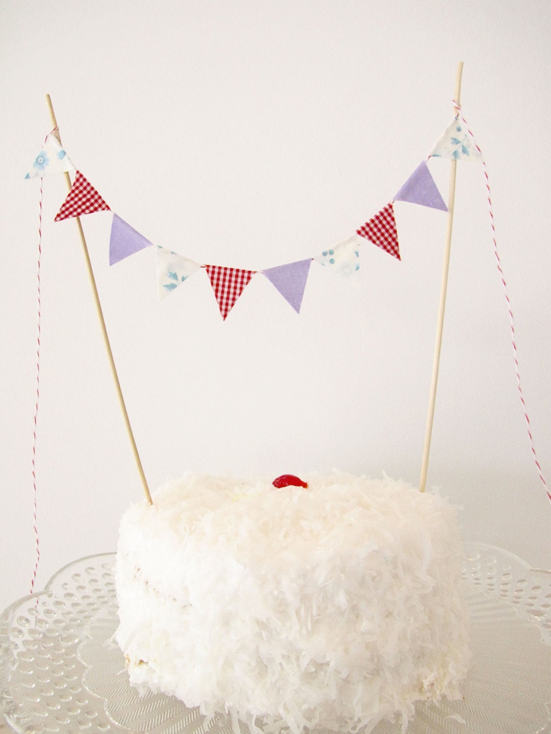 Fabric Cake Bunting Decoration - Cake Topper - Wedding, Birthday Party, Shower Decor in lilac, red gingham, and blue floral
