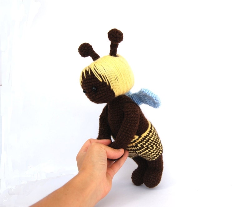 crocheted bee, honey bee amigurumi, stuffed waldorf woodland animal, plushie cuddly, yellow dark brown blue striped, animal doll figurine