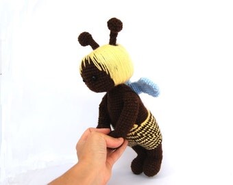 crocheted bee, honey bee amigurumi, stuffed waldorf woodland animal, plushie cuddly, yellow dark brown blue striped, animal doll figurine