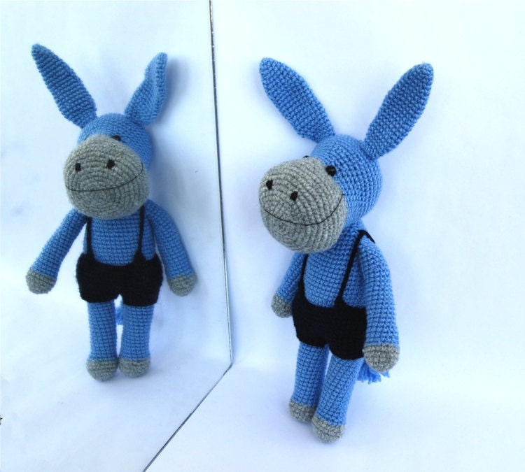 crocheted donkey or ass, amigurumi toy foal, jack, jennet, stuffed domesticated animal, azur royal blue, gift for children, soft animal doll