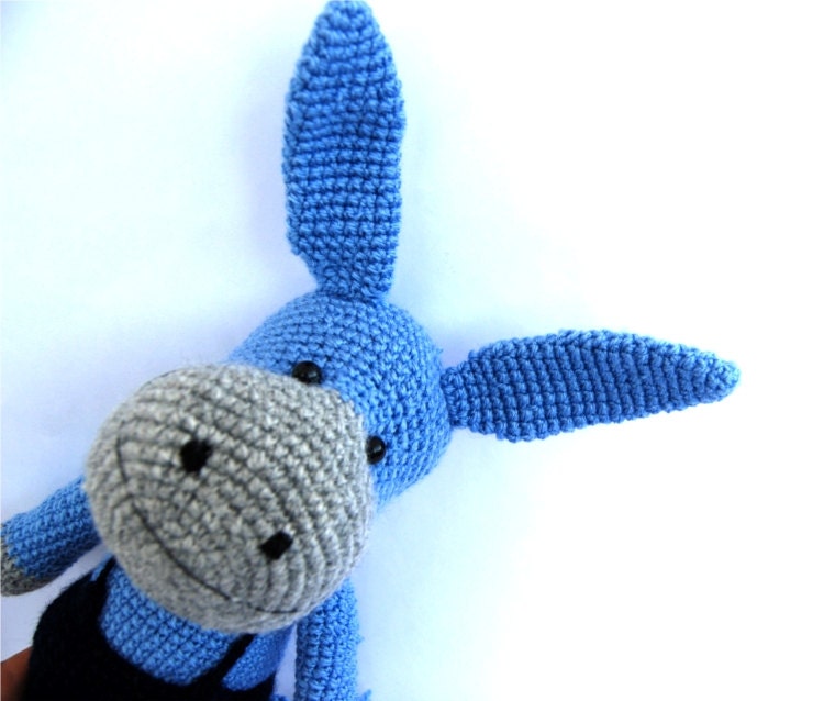 crocheted donkey or ass, amigurumi toy foal, jack, jennet, stuffed domesticated animal, azur royal blue, gift for children, soft animal doll