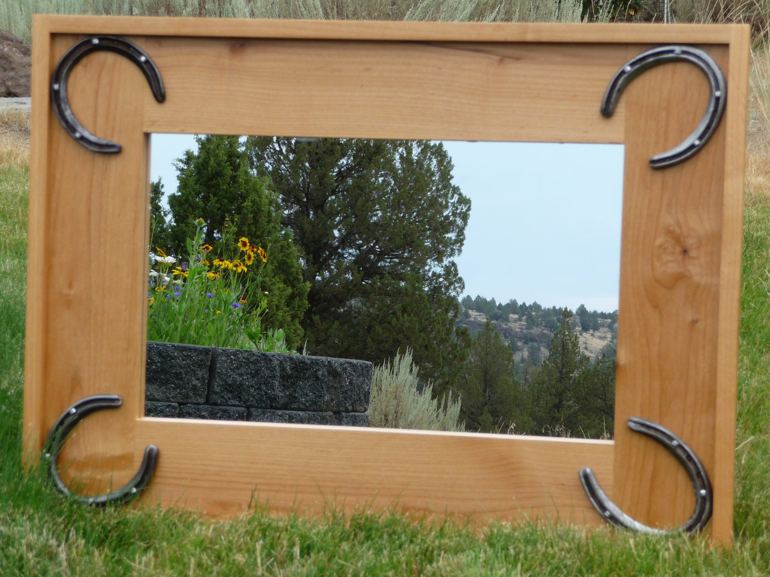 Wooden Western Cowboy Mirror with Upcycled Horseshoes by Plus Z Ranch