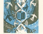 Books and Doves - Woodcut Print