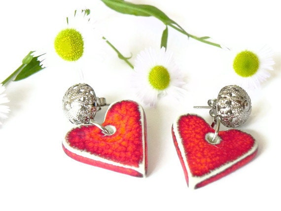 Ceramic Studs Heart Earring Red Fashion Jewelry Romantic  Silver Filigree Post Recycled Box