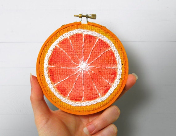 Grapefruit Embroidery Hoop Art, Painted Burlap, Kitchen Wall Art, Fabric Wall Art, Hand Sewn Textile Art, Mixed Media Painting, Fiber Art