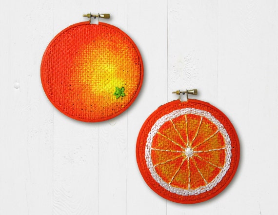 Orange Embroidery Hoop Art, Painted Burlap, Kitchen Wall Art, Fabric Wall Art, Hand Sewn Textile Art, Mixed Media Painting, Fiber Art
