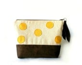 Zipper pouch, Make-up bag Yellow and Brown Polka dot