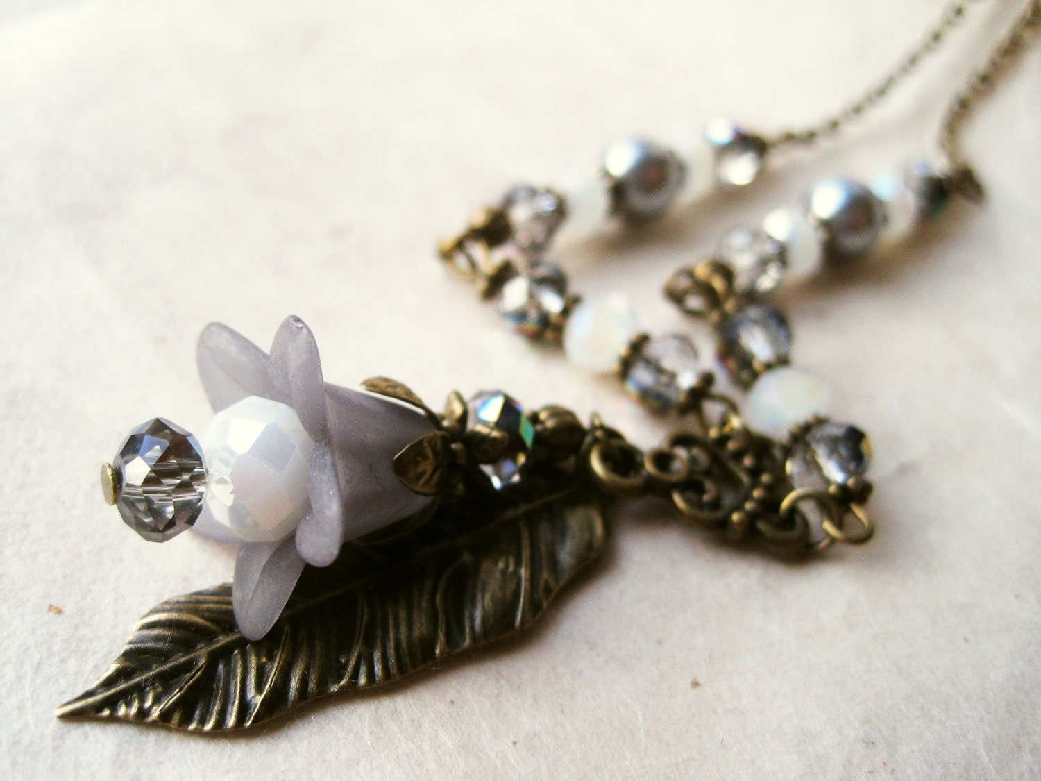 Grey Flower Necklace. Grey Bridal Jewelry. Floral Gray Necklace. Silver Pearl Necklace. Vintage Inspired Y-Necklace. FCN1.