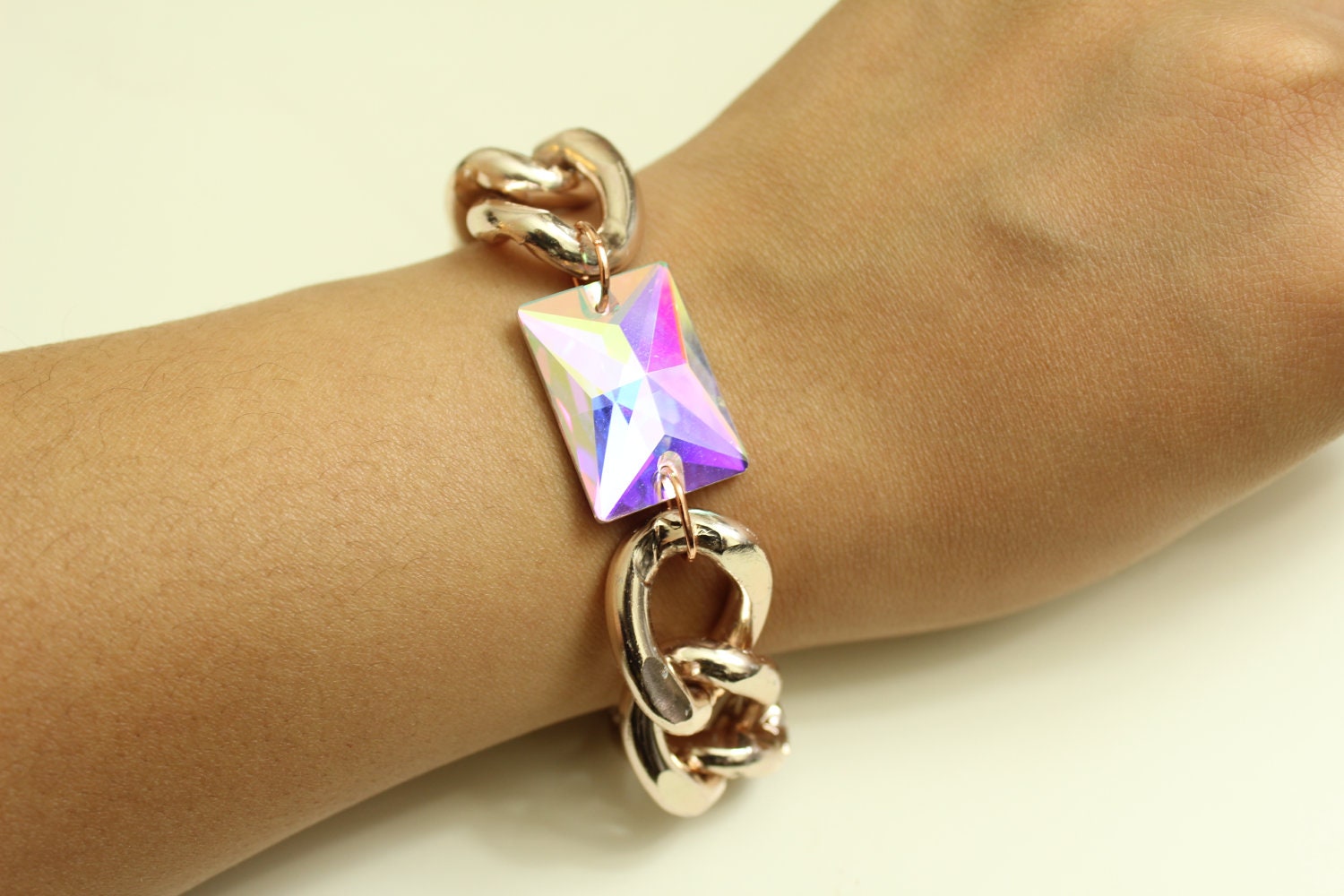 Rose Champagne Chunky Curb Chain Bracelet with Aurora Borealis Crystal Stone