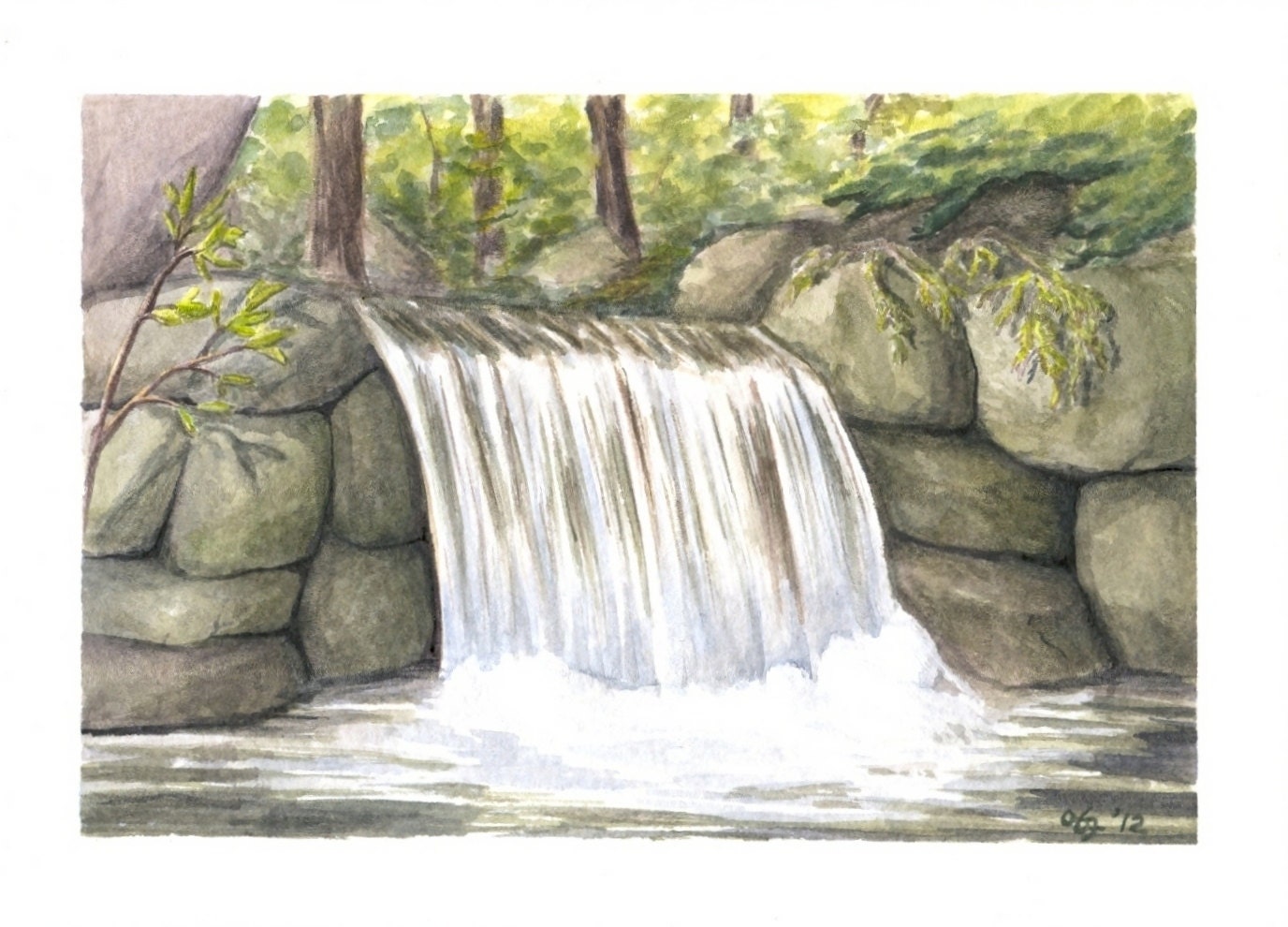 Watercolor Landscape Painting, Forest Waterfall, Woodland Landscape, Forest Watercolor, Fine Art, Original Watercolor 5" X 7"