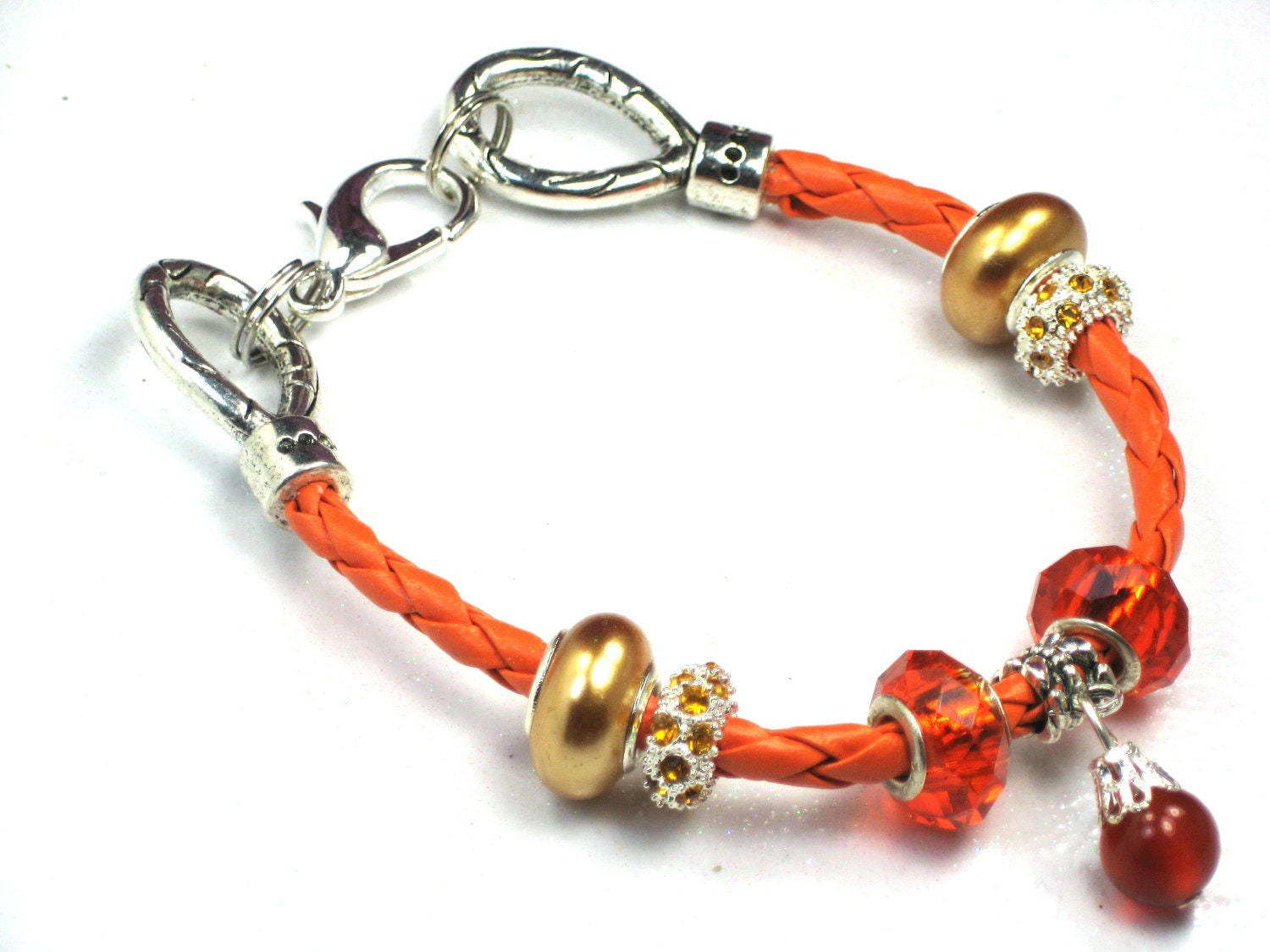 Orange Crystal Bracelet Orange Cats Eye Charm Bracelet Orange Faceted Beads Orange Leather Orange Faceted Beads Orange Cats Eye Charm