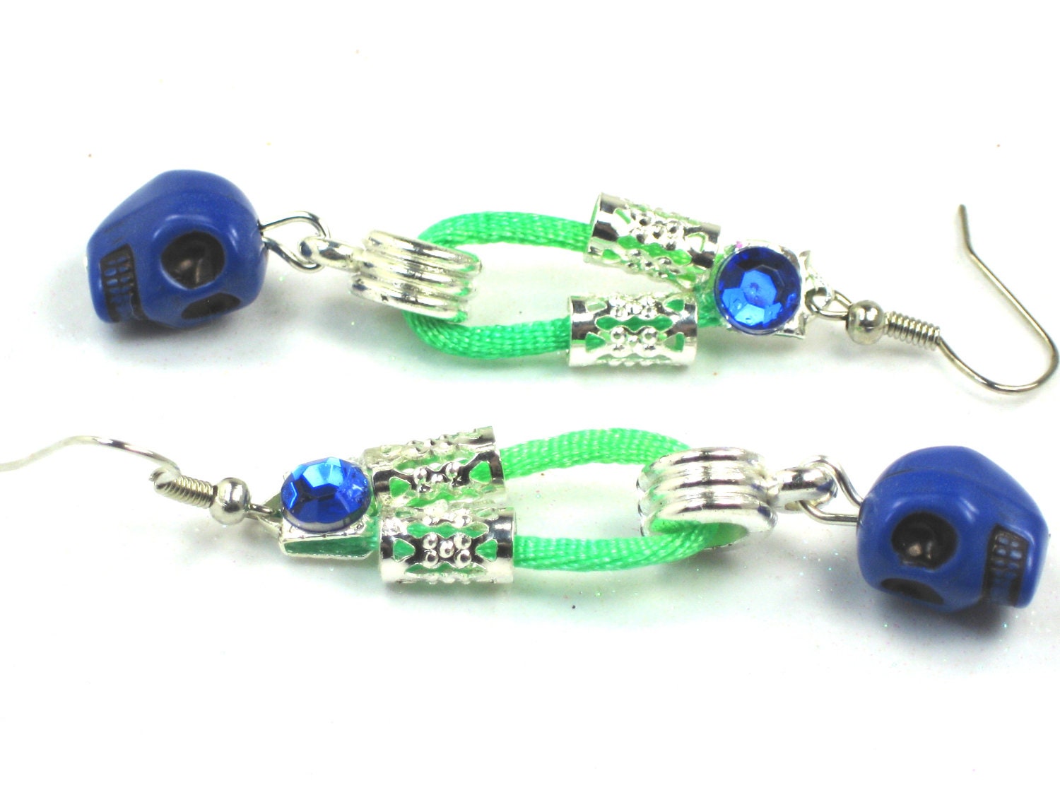 Handmade Blue Skull Earrings Green Satin Cord Handmade Blue Skull  Antiqued Earwires Sterling Silver Cut Out Beads Over Green Satin