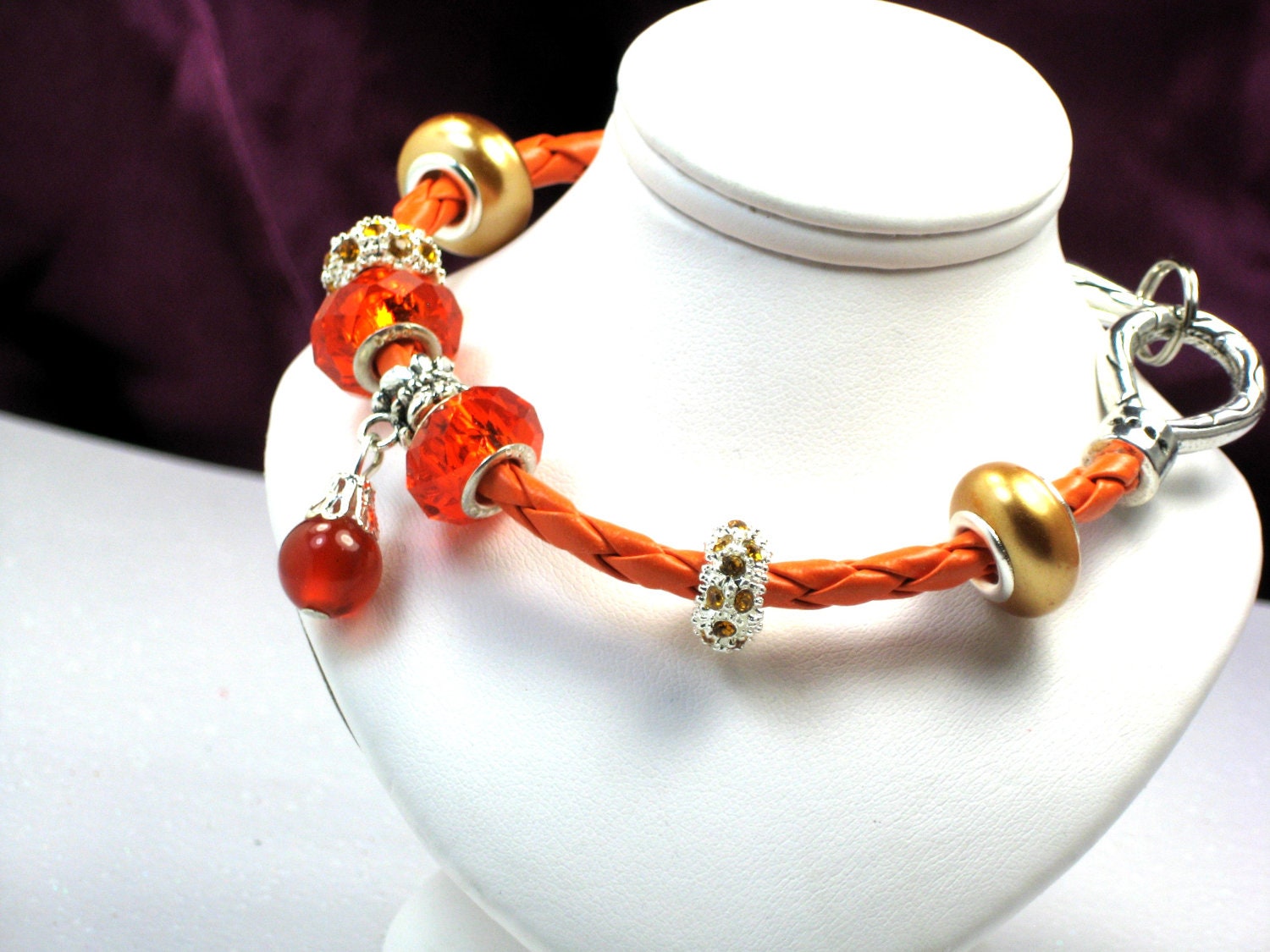 Orange Crystal Bracelet Orange Cats Eye Charm Bracelet Orange Faceted Beads Orange Leather Orange Faceted Beads Orange Cats Eye Charm