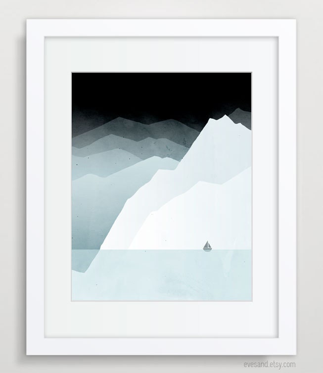Minimal Poster, Modern Landscape Art, Nautical Decor, Iceberg, Ocean, Seascape, Sailboat, Ice
