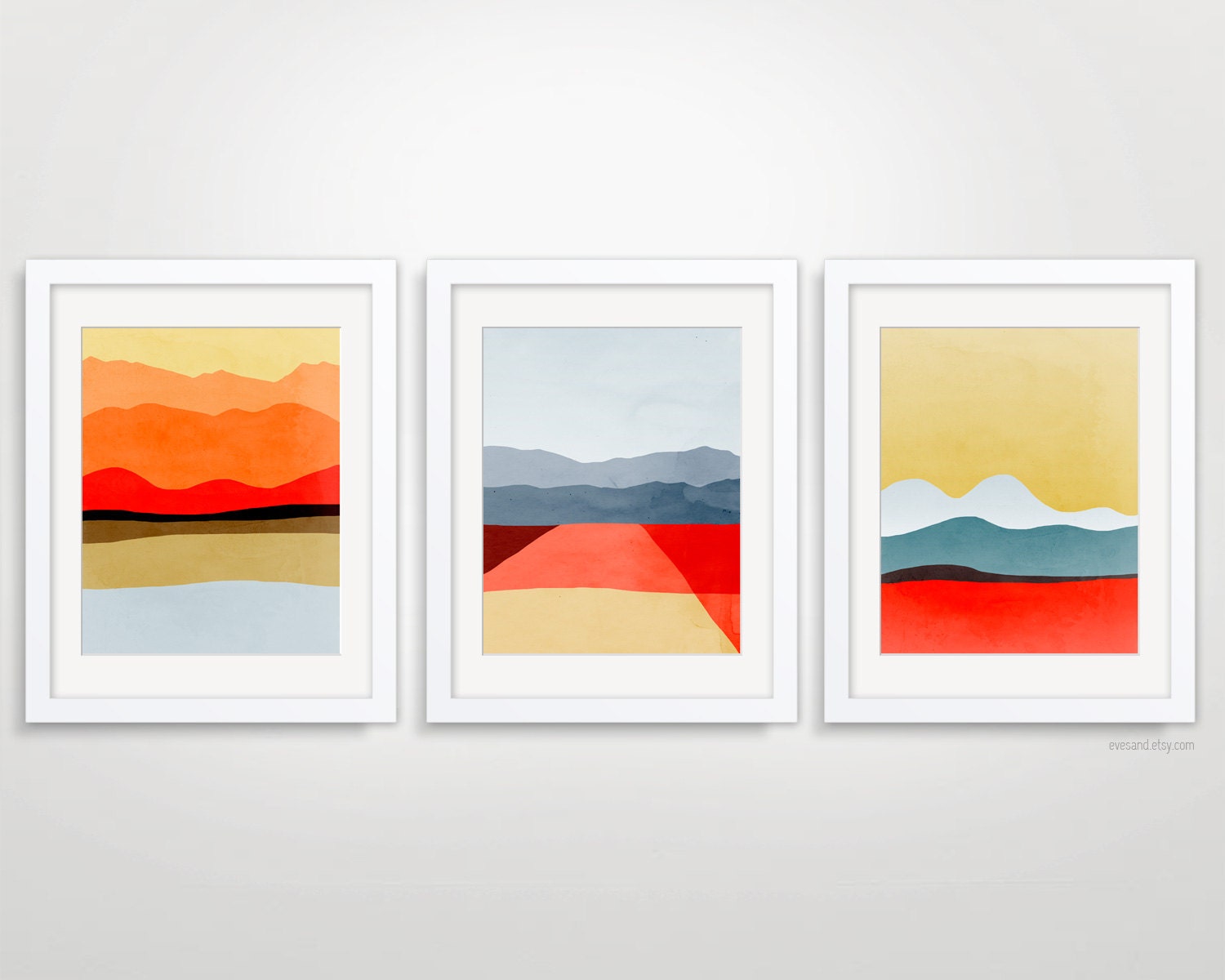 Set of 3 Abstract Landscape Art Prints, Minimalist Posters, Mid Century Modern Wall Art - Red, Orange, Yellow and Grey