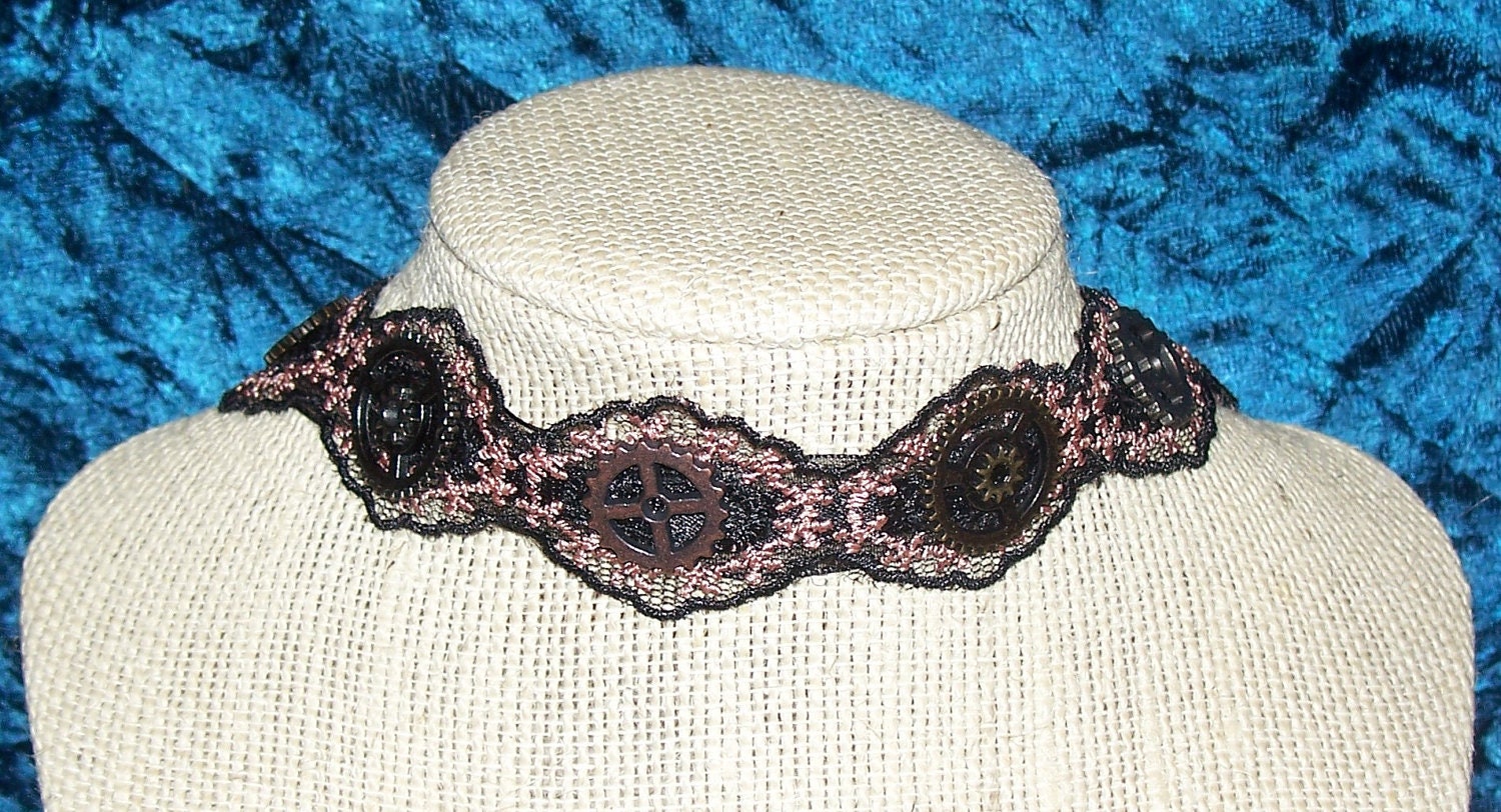 Steampunk Victorian Gears Lace Ribbon Choker Necklace Handmade One of a Kind
