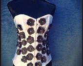 White and Umber floral/swarovski Bridal Corset, Boned, White satin, Crystals, Brown, Pearls, wedding, Bridal shower, honey moon, Burlesque