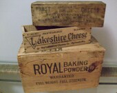 Antique Wood Grocery Store Collection  with Dove Tail Baking Powder Box Two Cheese Boxes - MemoryFurnitureFinds